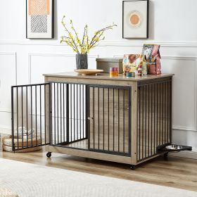Furniture Style Dog Crate Side Table with Rotatable Feeding Bowl