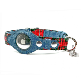 Apple Airtag Collar (Color: Red Plaid & Denim, size: Large)