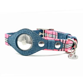 Apple Airtag Collar (Color: Pink Plaid & Denim, size: Large)