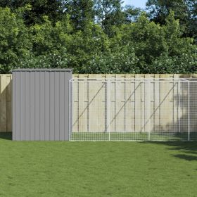 Dog House with Run Light Gray 84.3"x260.2"x71.3" Galvanized Steel (Color: gray)