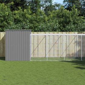 Dog House with Run Light Gray 84.3"x501.2"x71.3" Galvanized Steel (Color: gray)
