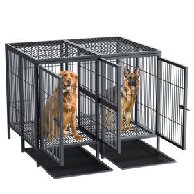2 in 1 Large Heavy Duty Metal Dog Cage with Removable Divider Double Dog Crate Kennel for 2 Dogs with Cage Cover (Color: Black Cage)