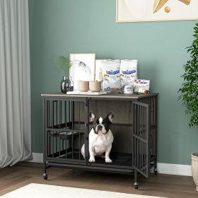Modern Double-Door Kennel Dog Crate/House Furniture with Lift Panel & Removable Tray – For Dogs Up to 60 lbs (Color: Antique Gray)