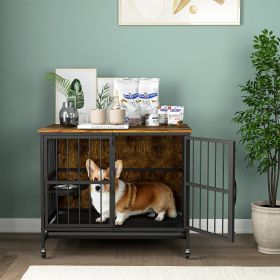 Modern Double-Door Kennel Dog Crate/House Furniture with Lift Panel & Removable Tray – For Dogs Up to 60 lbs (Color: Antique brown)