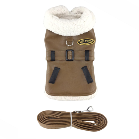 Brown and Black Faux Leather Bomber Dog Coat Harness and Leash (size: Large)