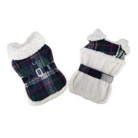 Sherpa-Lined Dog Harness Coat (Color: Blue & Green Plaid, size: Large)
