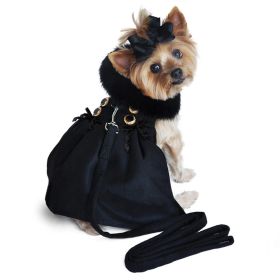 Black Wool Dog Coat Harness Fur Collar with Matching Leash (size: Large)