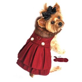 Wool Fur-Trimmed Dog Harness Coat by Doggie Design- Burgundy (size: SMALL)