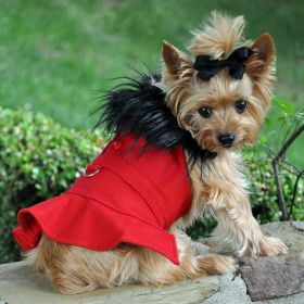 Red Wool Classic Dog Coat Harness and Fur Collar with Matching Leash (size: SMALL)