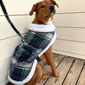 Plaid Sherpa‑Lined Dog Harness Coat & Maching Leash (Color: Blue & Green Plaid, size: Medium)