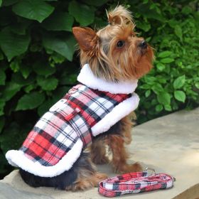 Plaid Sherpa‑Lined Dog Harness Coat & Maching Leash (Color: Red & White Plaid, size: X-Small)